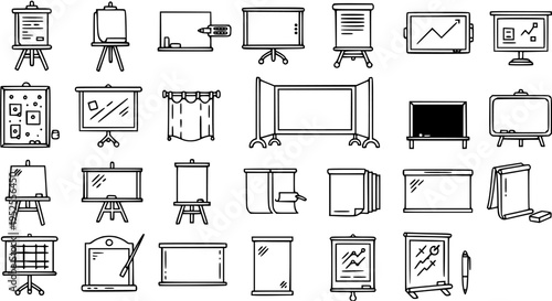 Black  White Line Art Icons Set of Presentation Boards, Whiteboards, Chalkboards, and Screens for Education, Business, and Office Communication Concepts