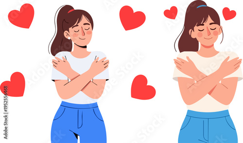 Self-love and body positivity vector illustration featuring two young women embracing themselves with closed eyes, surrounded by floating red heart shapes, symbolizing care and acceptance.