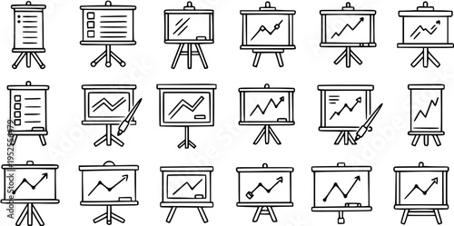 Business Presentation Board Icons Set. Hand-drawn Doodle Black and White Line Art of Whiteboards, Graphs, Charts, and Lists on Easels for Finance and Education.
