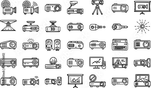 Technology Projector Line Art Icons Set. Outline Vector Collection of Video Presentation and Display Devices for Business, Education  Home