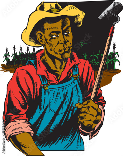 Farmer Holding Hoe in Corn Field Illustration, Stylized Agricultural Character Graphic
