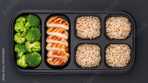 Grilled chicken breast with steamed broccoli and brown rice meal prep in black plastic container, healthy high protein food for diet and fitness nutrition