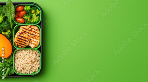 Grilled chicken breast with brown rice and fresh vegetables meal prep in black container on green background, healthy balanced diet for fitness and nutrition