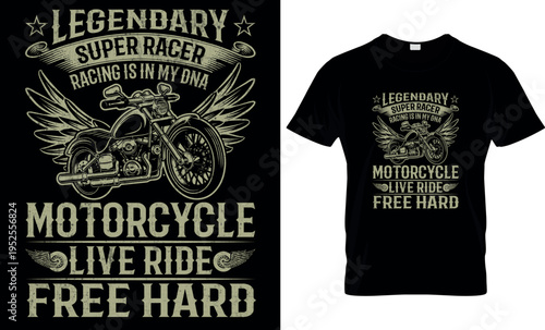 Legendary Super Racer Motorcycle Live Ride Free Hard Vintage T-Shirt Design, Biker Quote Graphic, Retro Wings Emblem, Motorcycle Lover Apparel, Bold Typography