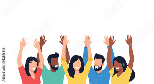 A diverse group of six smiling people with raised arms, symbolizing celebration, unity, or participation against a white background.