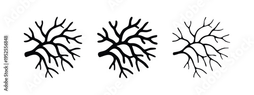 Branching Capillaries or Vascular Network Icon Set. Medical Anatomy Vector Illustration in Flat, Bold Outline, and Thin Outline Styles.