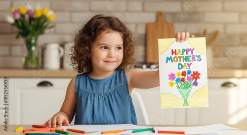 Little girl holding handmade happy mother's day card with colorful flowers