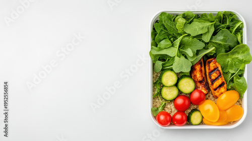 Flat lay of vegan lunch box with grilled tofu, fresh spinach, cherry tomatoes, cucumber slices, yellow grape tomatoes, and quinoa, offering healthy and colorful meal option