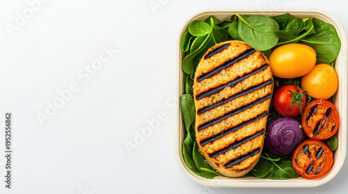Flat lay of vegan lunch box with grilled quinoa patty, fresh spinach leaves, yellow and red cherry tomatoes, and grilled tomato slices, creating healthy and colorful meal