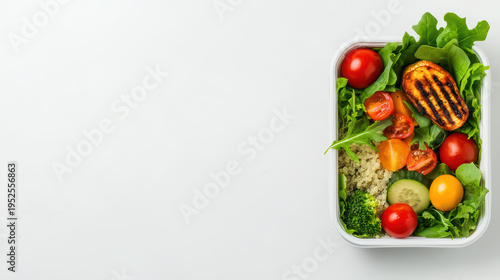 Colorful vegan lunch box with grilled squash, cherry tomato, cucumber, broccoli, quinoa, and fresh leafy greens arranged neatly for healthy meal option