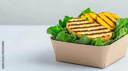 Grilled vegan patty with grilled yellow squash on fresh green lettuce in brown paper container, healthy plant based meal with vibrant colors and fresh ingredients