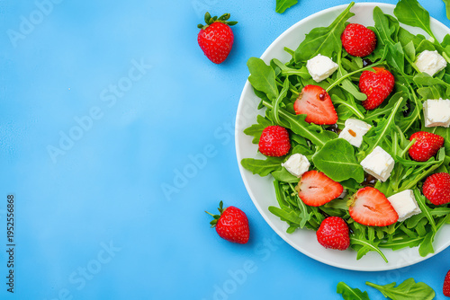 Fresh salad with arugula, strawberries, and white cheese cubes on white plate, set against bright blue background, creating vibrant and healthy meal presentation