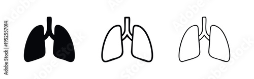 Human Lungs Icons Set. Vector Illustration of Black Silhouette, Thick and Thin Outline Lungs on White Background.