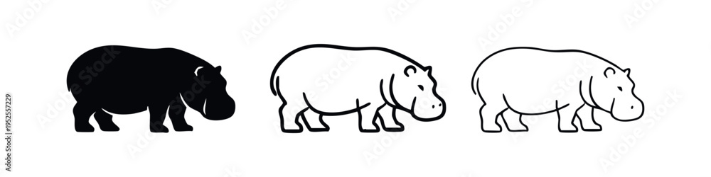 Fototapeta premium Hippopotamus icon set in different styles.