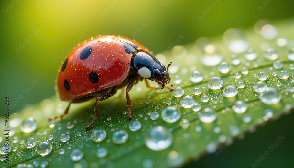 Obraz premium ladybug walking on a fresh green leaf covered with morning dew
