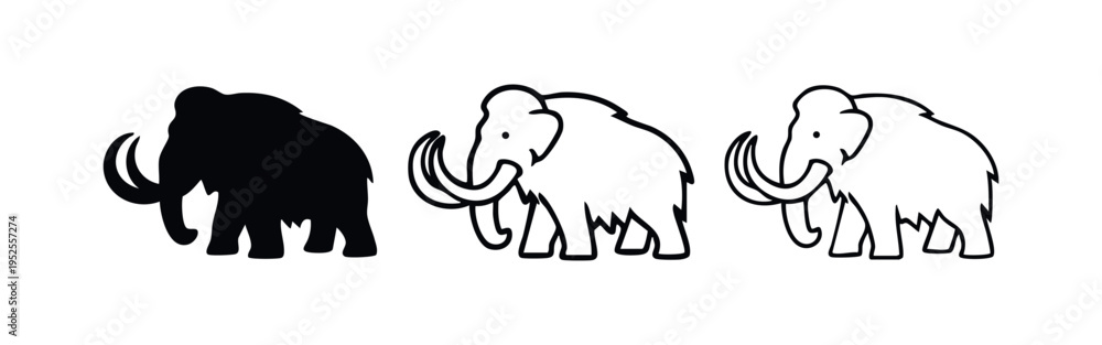 Fototapeta premium Woolly mammoth icon set in different styles.