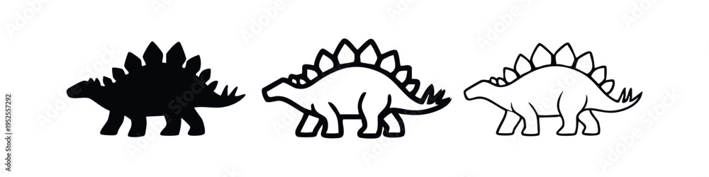 Fototapeta premium Simple Stegosaurus dinosaur icon set in black and outline variations
