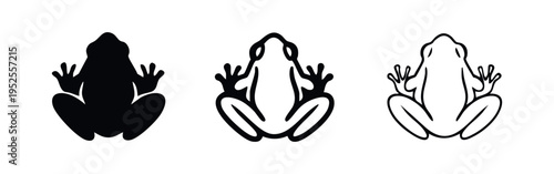 Frog icon set in three distinct styles: solid, outline, and thin line, amphibian illustration.