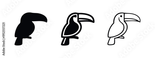 Toucan bird icon set with solid, outline, and thin line styles, tropical animal illustration.