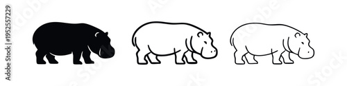 Hippopotamus icon set in different styles.