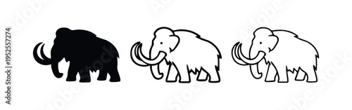 Woolly mammoth icon set in different styles.
