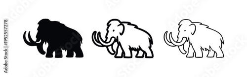 Woolly Mammoth prehistoric elephant icon set in black and outline styles
