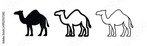 Dromedary camel icon set in different styles.
