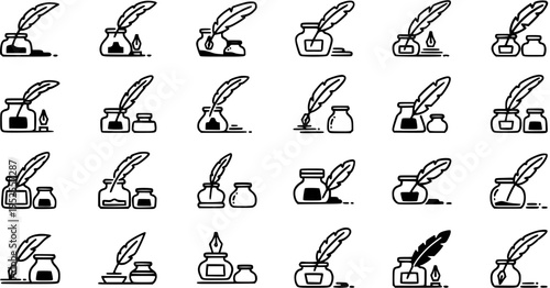 Writing  Literature Line Art Icons: Quill Pen  Inkwell Glyph Set for Education, History, and Communication
