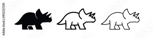 Simple Triceratops dinosaur icon set in black and outline variations for graphic design