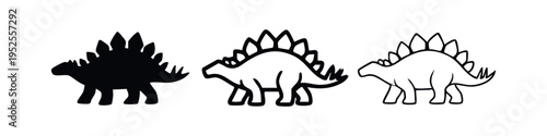 Simple Stegosaurus dinosaur icon set in black and outline variations