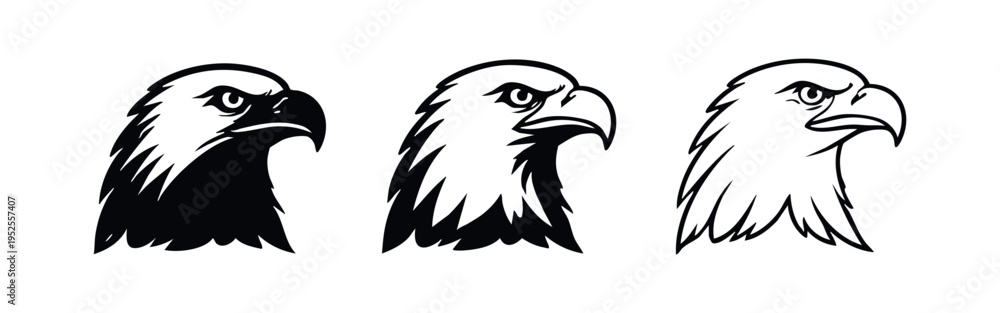 Fototapeta premium Majestic Bald Eagle Head Icon Set Facing Right - Vector Illustrations in Silhouette and Outline Styles