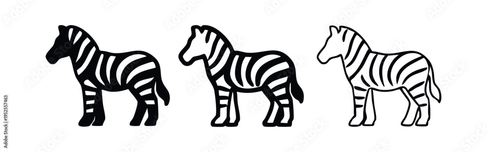 Fototapeta premium Graphic zebra icon set featuring distinct stripe patterns, available in solid, thick line, and thin line styles.