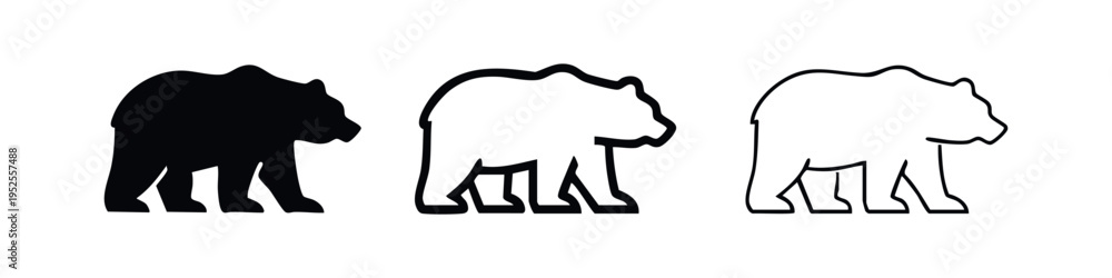 Fototapeta premium Minimalist bear icon set in side profile, available in solid, thick line, and thin line versions for design.