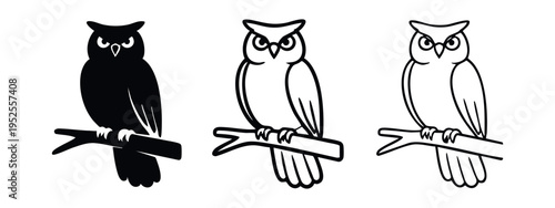 Minimalist Owl on Branch Icon Set - Vector Graphic Designs in Black Silhouette and Outline