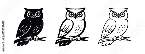 Cute Owl on Branch Icon Set - Wise Owl Vector Illustrations in Black and Outline Styles