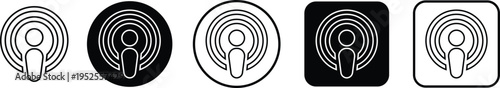 Apple podcast app outline icon set. Logos options for audio streaming, mobile interface and media branding designs. Digital social media vectors illustration isolated on transparent background.