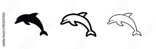 Playful Jumping Dolphin Icon Set - Happy Marine Animal Vector Illustrations in Silhouette and Outline