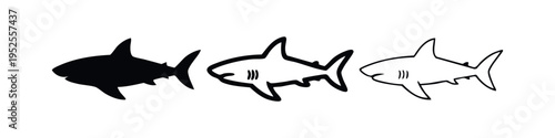 Sleek Shark Icon Set - Ocean Predator Vector Illustrations in Black and White Outline Styles