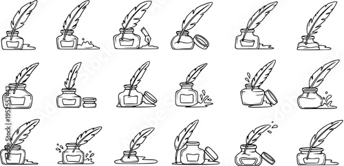 Vintage Writing and Literature Black and White Line Art Doodle Icons: Quill Pens and Inkwells Collection for History and Education
