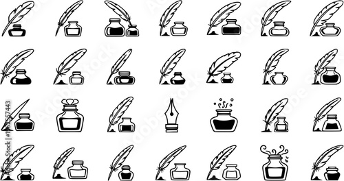 Quill pen and inkwell icons set, writing, literature, education, vintage, black and white line art