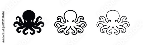 Stylized Octopus Icon Set - Marine Cephalopod Vector Illustrations in Silhouette and Outline
