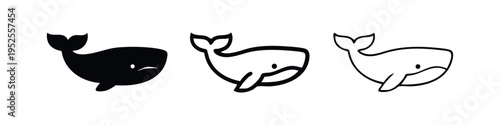 Simple whale icon set in three styles: solid black, thick line, and thin line, perfect for marine design.