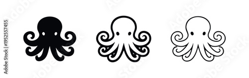 Cute octopus icon set in three distinct styles: solid, thick line, and thin line, ideal for ocean themes.