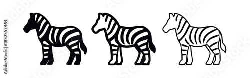Graphic zebra icon set featuring distinct stripe patterns, available in solid, thick line, and thin line styles.