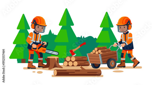 Two loggers in safety gear, one operating a chainsaw and the other pushing a cart filled with firewood, surrounded by trees and logs, illustrating forestry work and timber harvesting