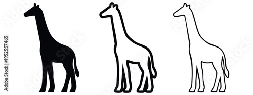 Minimalist giraffe icon set showing the animal standing, available in solid, thick line, and thin line styles.
