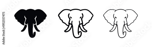 Elephant head icon set in a minimalist style, featuring solid, thick line, and thin line variations for design.