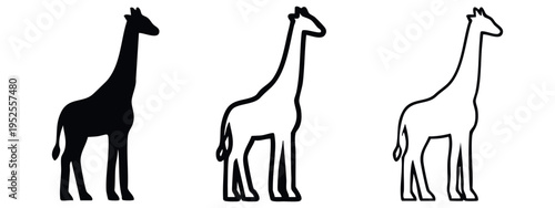 Stylized giraffe icon collection in solid, thick line, and thin line variations for diverse design projects.