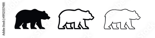 Minimalist bear icon set in side profile, available in solid, thick line, and thin line versions for design.