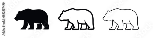 Bear icon set in three different styles: solid silhouette, bold outline, and thin line art on a white background. Vector illustration.